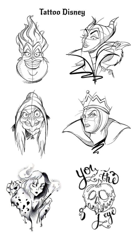 Maleficent Castle Tattoo, Disney Villain Tattoo Ideas, Disney Collage Tattoo, Hades Tattoo Disney, Simple Disney Drawings, Disney Villains Tattoos, Cartoon Tattoos Disney, Disney Tattoo Drawings, Villain Tattoo Ideas