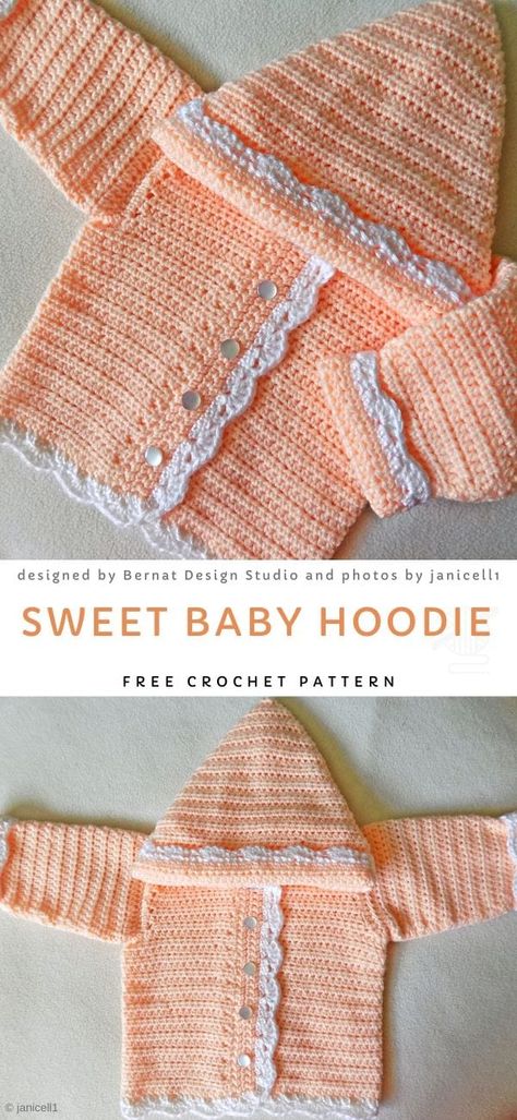 Sweet Baby Hoodie Free Crochet Pattern Baby Hoodies, Peach Hoodie, Crazy Crochet, Crochet Baby Sweater Pattern, Crochet Baby Jacket, Crochet Baby Sweaters, Baby Cardigan Pattern, Crochet Baby Sweater