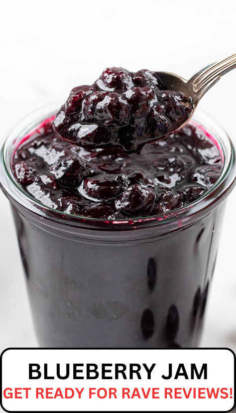 a glass jar has jam in it and a small spoon is scooping out of it. Blueberry Jam No Pectin, Pectin Recipes, Canned Blueberries, Mango Jam, Blueberry Sauce, Blueberry Desserts, Berry Jam, Blueberry Jam, Dessert Toppings