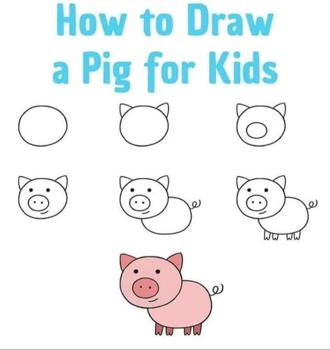 Pig Drawing Easy, Trin For Trin Tegning, Kindergarten Drawing, Doodle Art For Beginners, Drawing Ideas For Kids, Easy Animal Drawings, Easy Art For Kids, Drawing Lessons For Kids, Easy Drawings For Kids