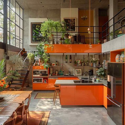 Maximalist Galley Kitchen, Creative Home Design, Alternative Kitchen Ideas, Small Kitchen Open To Living Room, Eclectic Modern Kitchen, Studio Maximalist, Appartment Interiors Aesthetic, Staircase In Kitchen, Japanese Maximalism