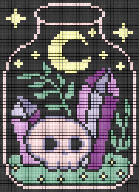 Pixel Art Pattern Cottagecore, Oogie Boogie Alpha Pattern, Disco Ball Alpha Pattern, Moon Phases Cross Stitch Pattern, Cool Embroidery Patterns, Bubble Tea Pixel Art Grid, Cross Stitch Patterns Witchy, Witchy Pixel Art Grid, Gothic Alpha Pattern