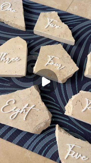 Travertine Place Cards, Travertine Table Numbers, Stone Table Numbers, Travertine Table, Diy Place Cards, E6000 Glue, So Aesthetic, Travertine Pavers, Tile Table