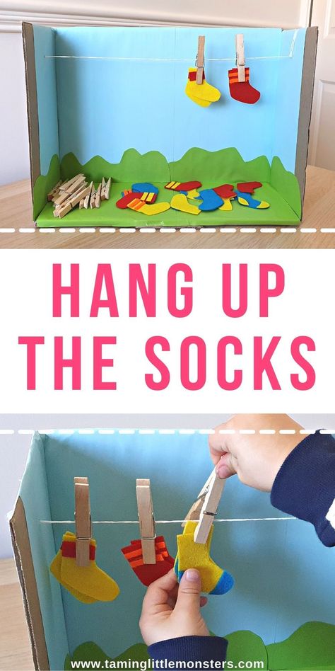 Match and Hang Up The Socks - Fine Motor Activity for Toddlers and Preschoolers. Perfect for helping kids develop fine motor skills. #finemotor #toddler #preschool #kindergarten Up And Down Activity For Preschool, Diy Manipulatives Preschool, Kids Learning Activities For 1 Year, Taking Care Of Yourself Preschool Activities, After School Daycare Activities, Toys For Fine Motor Skills, Activities For Active Toddlers, Cause And Effect Toddler Activities, Fine Motor Friday