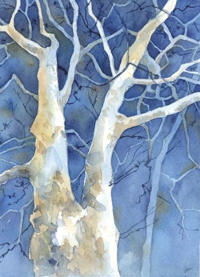 Abstract Christmas Painting, Winter Tree Drawing, Negative Watercolor, Watercolor Negative Painting, Watercolor Art Ideas, Negative Painting, Space Painting, Watercolor Painting Techniques, Watercolor Landscape Paintings