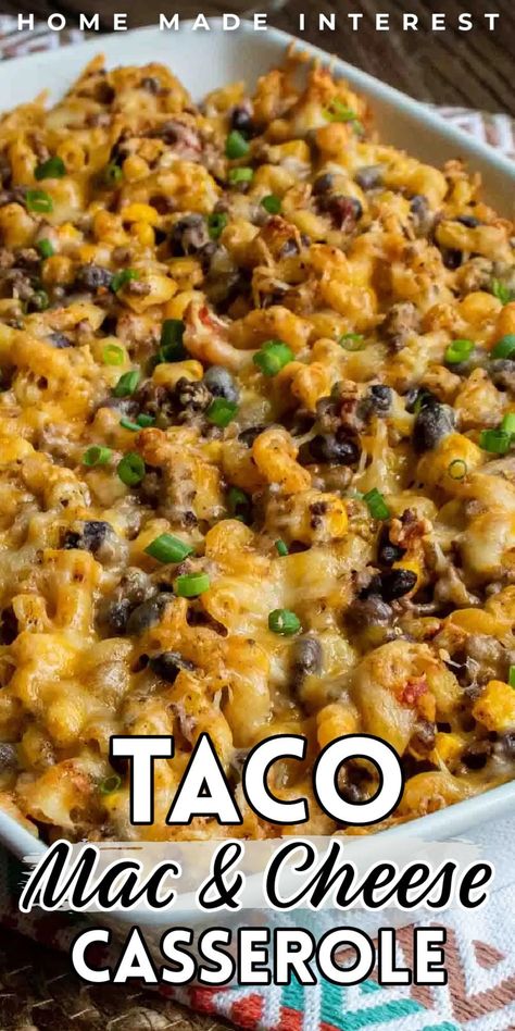 This taco mac and cheese casserole is an easy taco bake recipe from Home. Made. Interest. that gives your typical macaroni and cheese recipe a little Southwest flavor. This family-friendly recipe is sure to be a dinner favorite you can bake on busy weeknights! Taco Macaroni And Cheese, Taco Macaroni, Easy Taco Bake, Taco Mac, Taco Mac And Cheese, Baked Tacos Recipe, Easy Casseroles, Macaroni Casserole, Best Easy Dinner Recipes