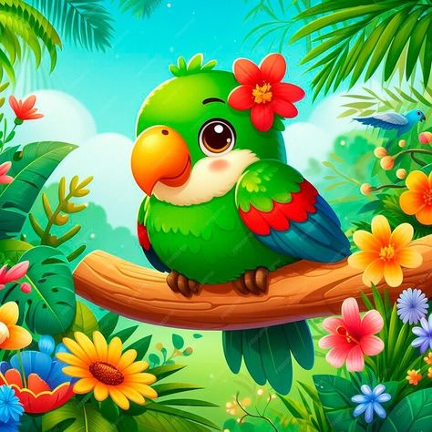 Premium Photo | Cute Cartoon Parrot with Flowers in a Tropical Paradise Cartoon Parrot, Parrot Cartoon, Frog Pictures, Photo Cute, Kids Learning Activities, Tropical Paradise, Premium Photo, Kids Learning, Digital Painting