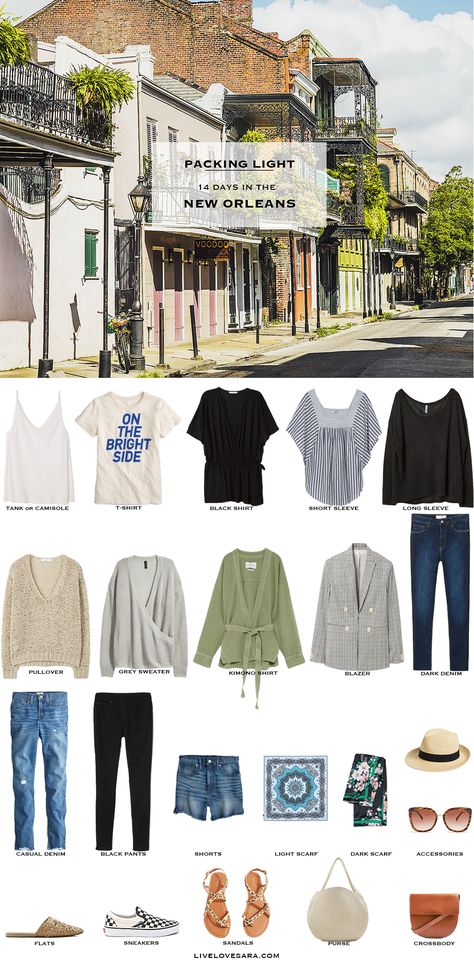 What to pack for New Orleans packing list | New Orleans Outfit Ideas | What to Wear in New Orleans | LousiannaL Packing list | Spring Packing List | England Outfit Ideas | What to Wear in Lousianna | Packing Light | Capsule Wardrobe | travel wardrobe | Fall packing list | travel capsule | livelovesara Vacay Clothes, Traveling Luggage, Travel Outfit Summer Airport, Nola Trip, Traveling Essentials, Travel Fashion Airport, Smart Packing, Fashion Travel Outfit, Summer Packing