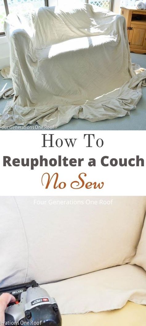 reupholstering a couch with a white slipcover and a staple gun Reapolstering Sofa, How To Reupholster A Couch, Diy Sofa Cover No Sew, Reapolstering Couch, Couch Reupholster, Couch Redo, Reupholster Couch Diy, Reupholster Couch, Diy Sofa Cover