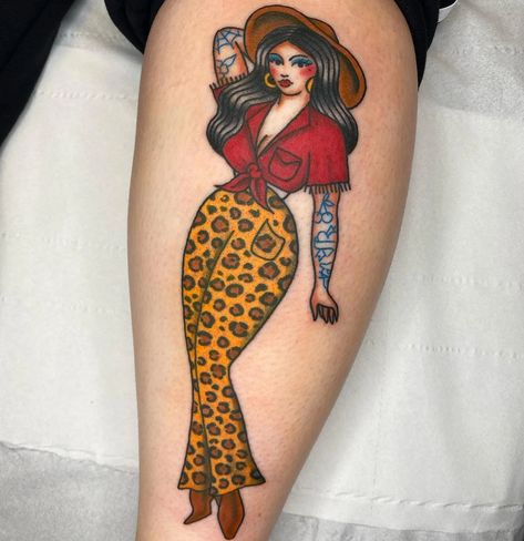 Cowgirl pinup tattoo? Sign us up 🥰 📷sammurphytattoo #tradtattoo #leopardprinttattoo #pinuptattoo #traditionaltattoos #cowgirlpinup #tradtattooflash #cowgirltattoo #cowboytattoo #pinup #pinupart #pinuptattoo #midcenturymoderntattoo #tattooart #tattooed #tattoolife #tattooideas Pinup Tattoo Design, Pinup Lady Tattoo, Tattooed Cowgirl, Chubby Pinup Tattoo, Pin Up Drawings Tattoo, Plus Size Pinup Tattoo, Plus Size Pin Up Tattoo, American Traditional Pinup Tattoo, Fat Pinup Tattoo