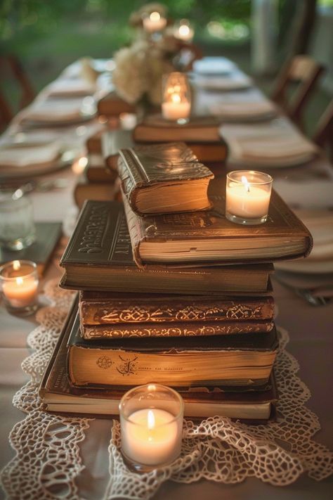 Transform your wedding tables into a storybook scene with our antique book centerpieces! 📚💒 Delicate lace runners and warm votive candles complete the romantic ambiance. Perfect for bibliophiles saying I do! #WeddingInspiration #VintageWedding #BookLover #RomanticDecor #WeddingIdeas #Candlelight #AntiqueChic #LaceDetails Let the love stories of old add charm to your special day! Outdoor Spring Wedding Ideas Romantic Table Settings, Elven Wedding Reception, Antique Forest Wedding, Magical Fall Wedding, Book And Candle Centerpieces, Fortune Teller Wedding, Vintage Guest Book Table For Wedding, Rustic And Elegant Wedding Decor, Romantic Party Decorations