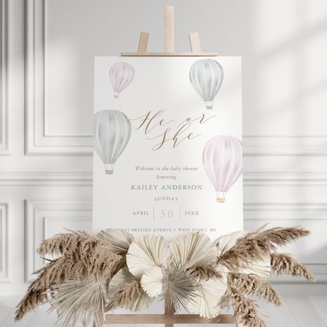 Up In The Air Gender Reveal, Elegant Gender Reveal Party, Air Balloon Gender Reveal, Hot Air Balloon Gender Reveal, Baby Shower Hot Air Balloon, Cursive Typography, Gender Reveal Baby Shower Themes, Hot Air Balloon Design, Gender Reveal Themes