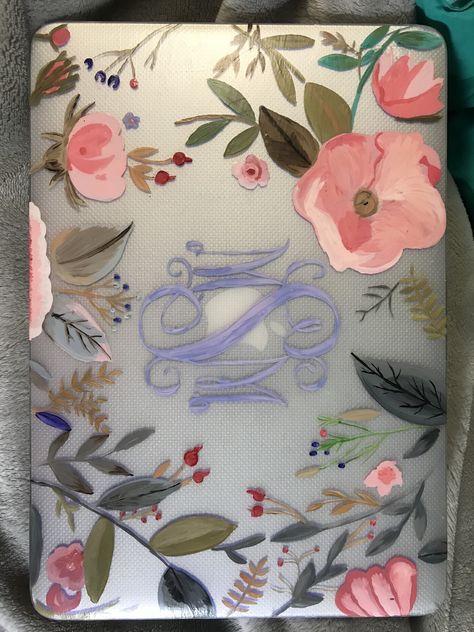 Hand painted laptop case Computer Case Painting Ideas, Laptop Cover Painting Ideas, Ipad Case Painting, Laptop Painting Ideas, Painted Ipad Case, Painting Laptop Case, Painted Laptop, Laptop Painting, Painted Laptop Case