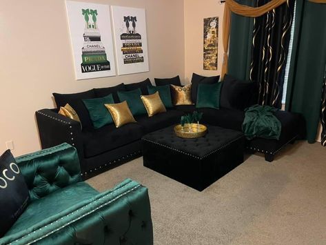 Emerald Green Gold And Black Living Room, Black And Gold Sofa Living Room, Two Piece Sofa Set Living Rooms, Emerald Green Brown And Gold Living Room, Hunter Green Black And Gold Living Room, Green Gold Living Room Decor, Black And Emerald Green Living Room, Green And Gold Living Room Ideas, Hunter Green Living Room Ideas