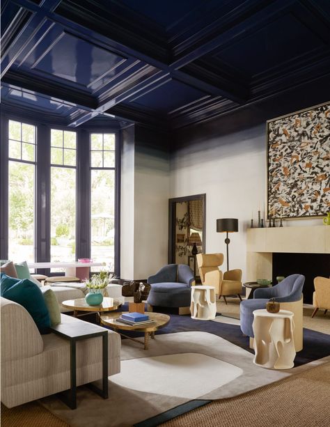 Kips Bay Decorator Show House Dallas Room Reveal - PaperCity Magazine Bold Paint Colors, Dallas Interior Design, High Ceiling Living Room, The Shade Store, Show House, Shade Store, Custom Chandelier, Bold Wallpaper, Rooms Reveal