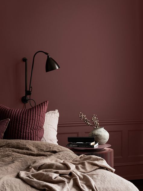 Mauve Bedroom, Burgundy Room, Burgundy Bedroom, Jotun Lady, Burgundy Walls, Dark Bedroom, Bedroom Wall Colors, Bedroom Red, Dreamy Bedrooms