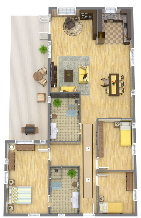 A yellow and wooded 3D handicap accessible floor plan with three bedrooms, two bathrooms, a u-shaped kitchen, an open concept, and a large deck. Accessible House, 3d Floor Plan, House Layout Plans, 3d Floor, House Floor, Rich Life, House Layouts, Perfect Home, House Floor Plans