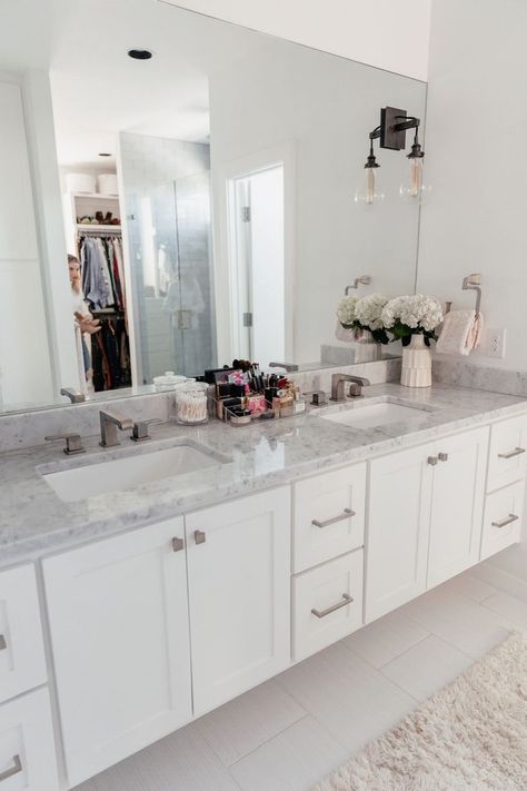 #storage #bathroomideas Bathroom Sink Makeup Organization, Restroom Counter Organization, Organize Makeup In Bathroom Counter, Bathroom Counter Organization Double Sink, Bathroom Counter Organization Clutter Master Bath, Double Sink Bathroom Organization Ideas, Bathroom Decor 2 Sinks, Bathroom Double Sink Decor, Double Sink Bathroom Decor