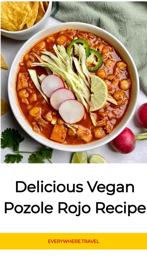 Bowl of vegan pozole rojo garnished with radishes, cabbage, lime, and jalapeño slices. Vegan Pozole Rojo, Vegetarian Posole, Vegan Pozole, Green Chili Chicken Soup, Pozole Rojo Recipe, Jalapeño Soup, Mexican Soup Recipes, Mexican Stew, Chipotle Black Beans