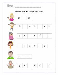 Missing LettersLanguage: EnglishGrade/level: KindergartenSchool subject: English as a Second Language (ESL)Main content: Family membersOther contents: Family members Introduction Activities, Lesson Plan Pdf, English Grammar Exercises, Printable Alphabet Worksheets, Missing Letters, Reading Center, Family Worksheet, Kindergarten Letters, English Exam