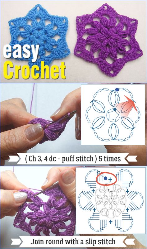 How to crochet a 6 point puff stitch star motif for beginners – video tutorial. For crochet beginner's, it will introduce the weave of simple basic: a chain ring, single crochet, double crochet, slip and puff stitches. Crochet A Star, Crochet Diagrams, Crochet Butterfly Pattern, Mexican Doll, Crochet Snowflake Pattern, Crochet Easy, Star Motif, Motif Pattern, Crochet Butterfly