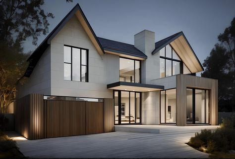 A rendering of a modern house with a large patio and a wooden fence - SeaArt AI Contemporary Gable Roof, House Rendering Ideas Uk, Modern Scandinavian House Exterior, Organic Modern Home Exterior, Scandinavian House Design Exterior, Scandinavian Exterior House, Scandinavian House Exterior, Duplex Exterior, Modern Scandinavian House