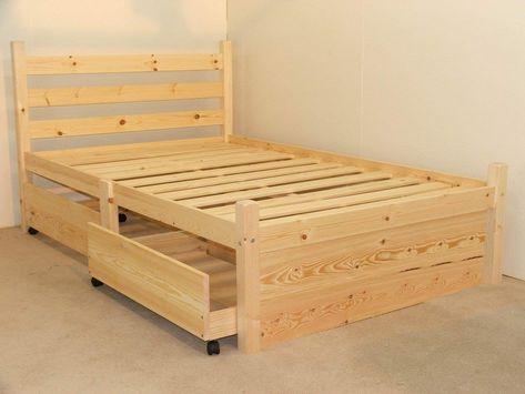 Small Double Bed Frames, Pine Bed Frame, Pallet Bed Frames, Diy Pallet Bed, Bed Frame With Drawers, Pallet Beds, Wooden Bed Frame, Wooden Bed Design, Pallet Bed