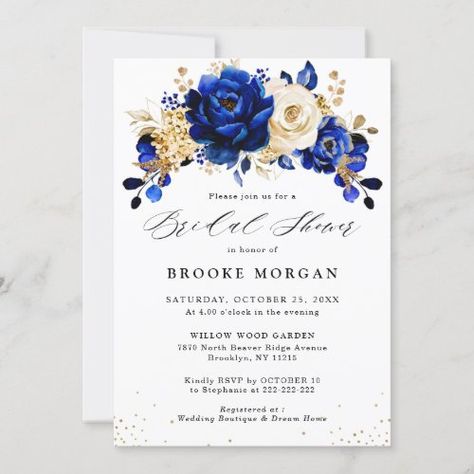 $2.80 | Royal Blue Yellow Gold Floral Bridal Shower #watercolor floral bouquet royal blue, gold golden yellow metallic leaf, trendy rustic country barn autumn, botanical vintage glitter spring wedding, eucalyptus greenery leaves mid-summer, sophisticated themed bright chic peony, winter wildflower outdoor navy rose, simple elegant peonies flowers template, unique monogram shades style stylish, modern garden roses elegance foliage Wedding Celebration Invitation, Unique Monogram, Metallic Wedding, Gold Wedding Theme, Elegant Bouquet, Floral Bridal Shower Invitations, Gold Theme, Royal Blue And Gold, Rehearsal Dinner Invitations