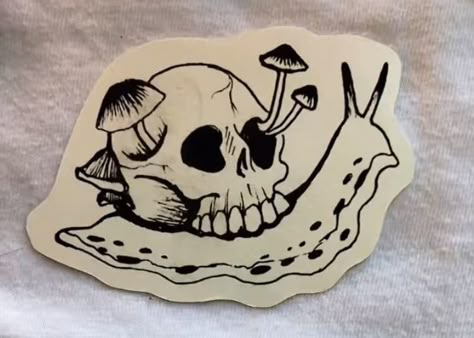 Art by @purelypixi on tiktok Snail Skull Drawing, Snail With Skull Shell Tattoo, Skull Snail Tattoo, Gothic Mushroom Tattoo, Unique Tattoo Art, Snail Skull Tattoo, Snail Shell Drawing, Mushroom Skull Tattoo, Snail With Skull Shell