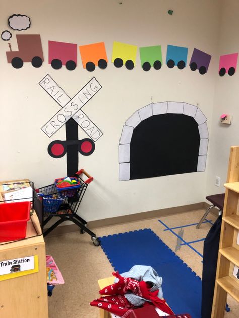 Train Track Activities For Preschool, Train Stem Activities Preschool, Road Signs Crafts For Preschool, Train Theme For Preschool, Trains Preschool Theme, Train Provocations, Train Preschool Theme, Bus Station Dramatic Play, Wheels Dramatic Play