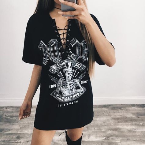 Band Tee T-Shirt Dress (ACDC) Neo Grunge, Lace Up T Shirt, Tokyo Street Fashion, Shirt Dresses, Alternative Outfits, Glam Rock, Soft Grunge, Grunge Style, Dress Outfit