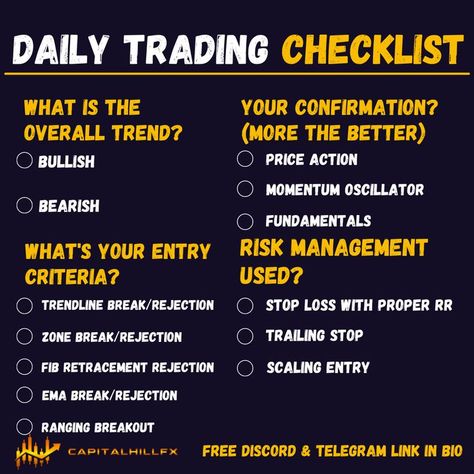 Having an objective-based trading system helps relieve some of the emotions involved with trading. Use this checklist as a reference for what criteria should be addressed in your objective-based system. 🔗 Click the link in our bio to join the FREE Discord Server & FREE Telegram Channel. 👉Don’t forget to follow @capitalhillfx on Instagram for more tips and updates! Trading Strategy Tips, Qml Trading, Forex Trading Checklist, Trading Technical Analysis, What Is Trading, Trading Checklist, Stock Options Trading, Trading Plan, Forex Trading Quotes