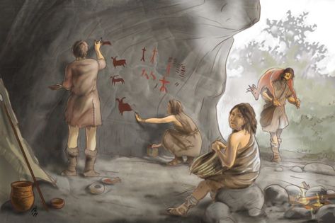 Recreation of an Iberian cave shelter with rock paintings from the Neolithic to Chalcolithic Period by José Ramón Almeida Neolithic Fantasy Art, Stone Age Art Cave Painting, Pre Historic Art Cave Painting, Prehistoric Cave Paintings, Stone Age Art, Neolithic Period, Prehistoric Man, Cave Paintings, Stone Age