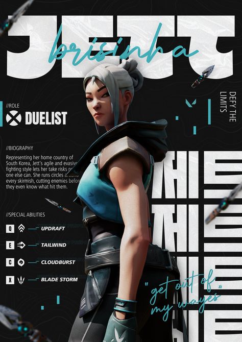 JETT POSTER VALORANT Valorant Poster Aesthetic, Valorant Graphic Design, Valorant Poster Design, Valorant Design, Game Magazine, Valorant Poster, Character Card Design, Poster Game, Game Posters