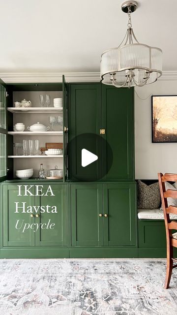 Maxine | Home ~ Interiors ~ DIY ~ Upcycling on Instagram: "Ikea Havsta project ~ it’s not quite finished up close but enough from this view 🤗. I’m in love with this green for so many reasons - the way it changes through the day, the way it balances with the grey kitchen, the way it compliments the greenery of the garden… I could go on.   Even more pleased with the fact that all of these @ikeauk Havsta units were second hand - so it’s a double green ♻️💚. Secondhand marketplaces are your friend for pre-loved (and sometimes even still in the box!) ikea furniture. The journey of this project also led me to their Circular Hub where you can get reduced price stuff directly from Ikea!!   I’m convinced this upcycle needs cornice around the top but I’m not sure I can look at a paintbrush again fo Ikea Hauga Kitchen, Ikea Havsta Kitchen, Ikea Havsta Dining Room, Ikea Hauga Hack, Havsta Ikea Living Room, Havsta Ikea Hacks, Ikea Havsta Built In Hack, Havsta Ikea Ideas, Havsta Ikea