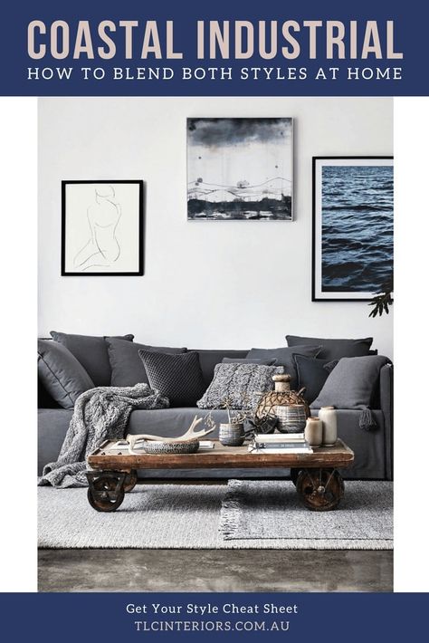 How to Mix Coastal and Industrial Interior Design - TLC Interiors Coastal Living Rooms Sofas, Farmhouse Coastal Living Room, Slip Cover Sofa, Industrial Coastal, Coastal Living Room Furniture, Industrial Living Room, Coastal Industrial, Design Café, Coastal Interiors Design