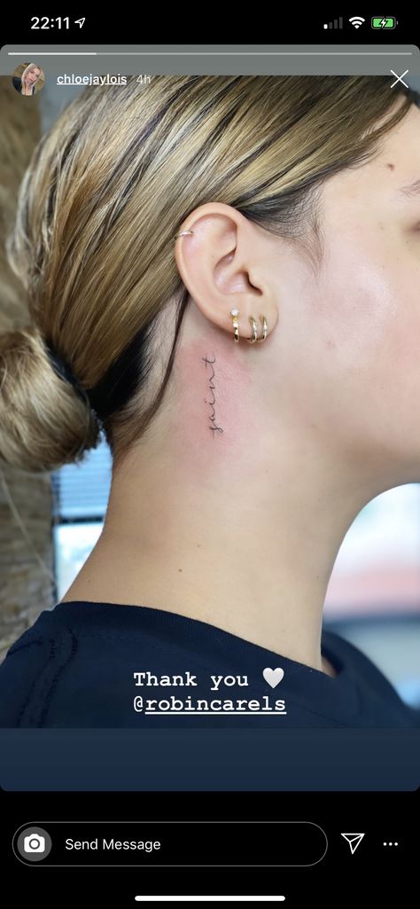 Behind Ear Vertical Tattoo, Behind Left Ear Tattoo, Behind The Ear Writing Tattoo, Small Dainty Tattoos Behind Ear, Tattoos Behind The Ear Meaningful Words, Vertical Behind Ear Tattoo, Tattoo Placement Behind Ear, Small Letter Tattoo Behind Ear, Neck Cursive Tattoo