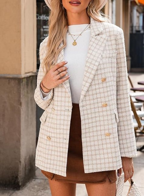 Happy Sailed Womens Tweed Blazers Casual Jackets Long Sleeve Double Breasted Open Front Plaid Blazer Jackets Work Suits Tweed Jacket Outfit, Blazers Casual, Tweed Blazer Women, Shirt Jacket Men, Womens Tweed, Mens Jackets Casual, Mens Sleepwear, Tall Pants, Blazer Beige