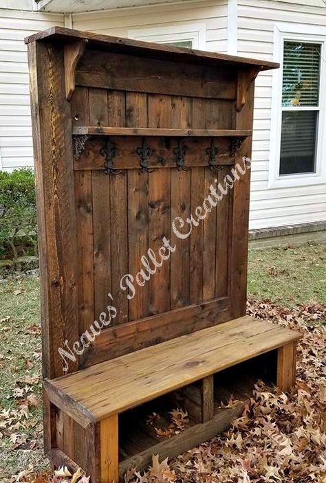 RECYCLED WOOD PALLET:  This was a custom built Double-Shelf Hall Tree with two cubbies.  Here are the specs: 72.5" tall x 52" wide x 18" deep. The bench is 18" off of the ground, the middle shelf, above the 4 Fleur de Lis double hooks, is 40" wide x 6" deep and the top shelf is 51" wide x 10" deep. The charge for this Hall Tree was $350 stained. Item # 1,319 Diy Hall Tree Bench Pallet Wood, Rustic Hall Tree, Hall Tree With Side Shelves, Barnwood Hall Tree, Reclaimed Door Hall Tree, Hall Tree Bench, Hall Tree 40”, Hall Trees, Wood Table Diy