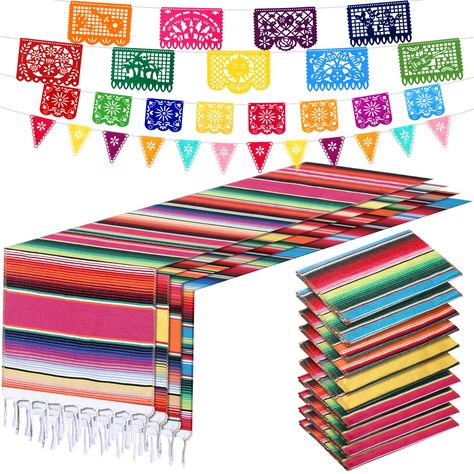 PRICES MAY VARY. Mexican Party Decorations: you will receive 10 pieces of Mexican table runners, 1 set of 9 large felt Picado banners, 1 set of 12 Mexican pennant banners, and 1 set of 8 small Picado banners, 13 pieces in total, which is enough for you to use in your everyday life and at parties, and you can change them as you like or share with others Mexico Theme Designs: these Mexican decorations feature classic Mexican elements, the table runners are designed in striped patterns with tassels Mexican Theme Party, Picado Banner, Mexican Theme Party Decorations, Blue Toys, Mexican Table Runner, Mexican Birthday Parties, Mexican Party Decorations, Mexican Table, Fiesta Birthday Party