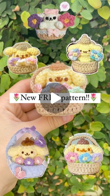 🌟💗Abrigurumi💗🌟 on Instagram: "🌷NEW FREE PATTERN!!🌷 This pompompurin in a flower basket pattern is perfect for this season!!!💛 Thank you so much to all of my testers, they did an amazing job testing the pattern and creating such adorable pompompurins!!!💕💕💕💕 THE PATTERN IS PINNED ON MY PROFILE!!!🫶🫶 . . 🏷️  #freeamigurumipatterns #freepatterncrochet #freepattern #pompompurin #pompompurinlover #sanrio #crochet #crochetamirigumi #abrigurumi" Pompompurin Crochet Pattern Free, Pompompurin Crochet Free Pattern, Free Sanrio Crochet Patterns, Crochet Pictures Art, Sanrio Crochet Pattern, Sanrio Crochet Free Pattern, Crochet Pompompurin, Flower Basket Crochet, Cute Crochet Things