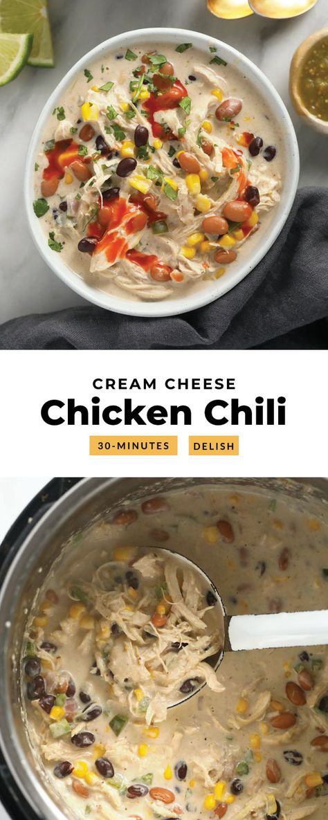 This chicken chili with cream cheese is made with beans, corn, peppers, and salsa verde! Cream Cheese Green Chili Chicken, Chicken Chili Cream Cheese, Chicken With Cream Cheese And Green Chilies, Crockpot Chicken Chili Cream Cheese, Cream Cheese Chicken Chili Instant Pot, Instant Pot Yogurt Recipe, Cream Cheese Chicken Chili, Delicious Chili Recipe, Instant Pot Yogurt