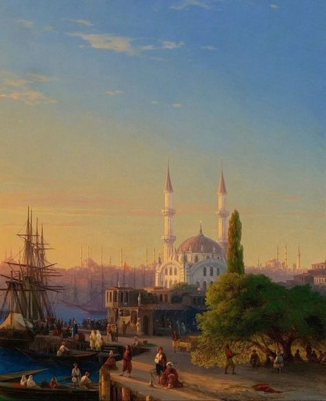 View of Constantinople and the Bosphorus by Ivan Aivazovsky Constantinople Aesthetic, Ivan Aizavosky, Constantinople Byzantine, Ottoman Painting, Mosque Painting, Empire Wallpaper, Ivan Aivazovsky, Harbor City, Beautiful Art Paintings