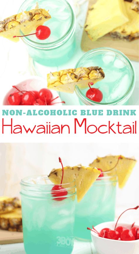 Hawaiin Drinks, Blue Hawaiian Mocktail, Hawaiian Mocktail, Blue Mocktail, Blue Hawaiian Drink, Luau Drinks, Mocktail Ideas, Hawaiian Drinks, Easy Mocktails