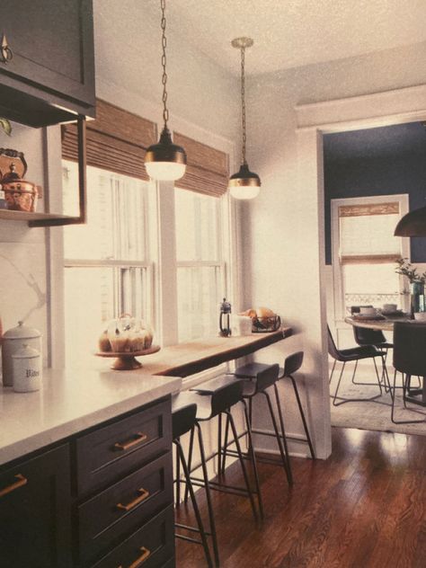 Place a wood counter in front of a window to make use of awkward space. I also like the drop shelf under the counter and brass pulls. Photo from Magnolia Journal 2020 Bar In Front Of Window, Kitchen Window Shelves, Kitchen Window Bar, Breakfast Bar Table, Kitchen Sitting Room, Kitchen Bar Counter, Magnolia Journal, Kitchen Bar Table, Kitchen Desks