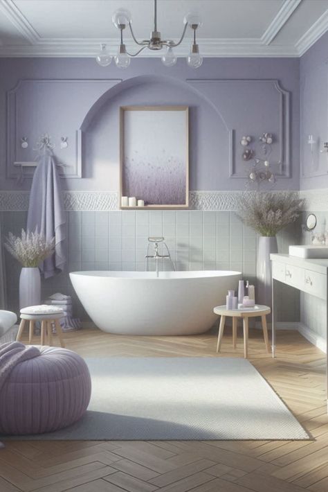 Relax in a sea of tranquility with this calming lavender and light grey palette. Soothing colors for your personal spa. #LavenderBathroom #CalmingColors Lavender Accent Wall, Pastel Bathroom Ideas, Zen Bathroom Ideas, Sea Of Tranquility, Pastel Bathroom, Lavender Bathroom, Lavender Interior, Second Bathroom, Zen Bathroom