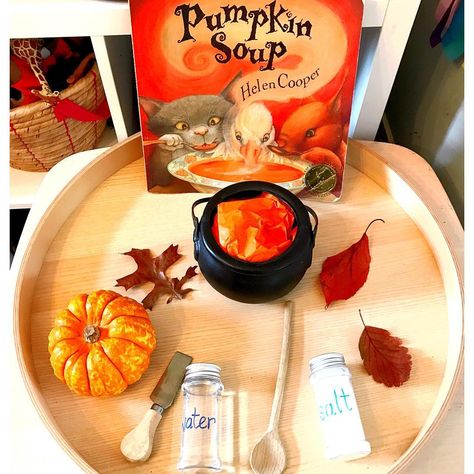 356 Likes, 7 Comments - Anna (@imaginationtree) on Instagram: “🎃 P u m p k i n S o u p S t o r y t e l l i n g T r a y 🎃 I have always loved reading this story…” Fall Ece Activities, Pumpkin Soup Story Eyfs, Pumpkin Soup Story Activities, Pumpkin Soup Eyfs Activities, Pumpkin Soup Activities For Kids, Pumpkin Soup Eyfs, Pumpkin Soup Book Activities, Pumpkin Provocations, Pumpkin Soup Activities