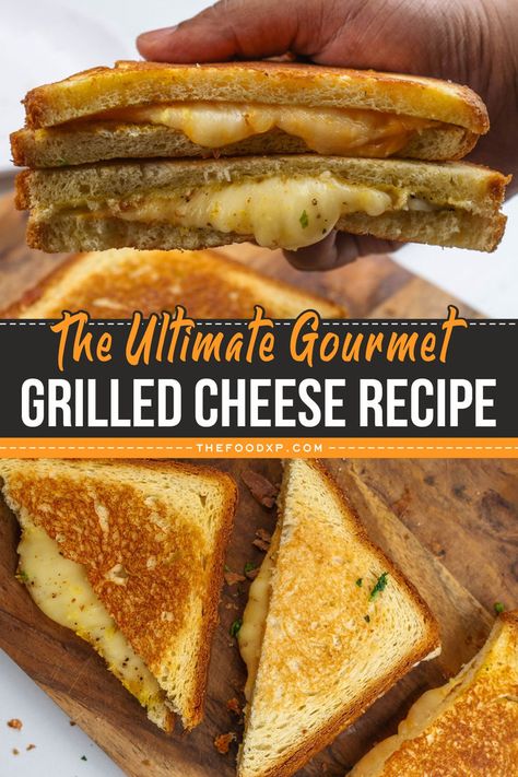 Image of The Ultimate Gourmet Grilled Cheese sandwich, served on a rustic wooden board. The sandwich features a golden, crispy crust with layers of melted gourmet cheese and hints of fresh herbs. The cheese is perfectly gooey, and the bread is toasted to a rich, buttery finish, making this an elevated twist on the classic grilled cheese. Gruyere Grilled Cheese Sandwiches, Grilled Gouda Cheese Sandwich, Gouda Grilled Cheese, Gruyere Grilled Cheese, Yummy Grilled Cheese, Grilled Cheese Recipes Gourmet, The Best Grilled Cheese, Cheesy Sandwich, Hot Sandwiches