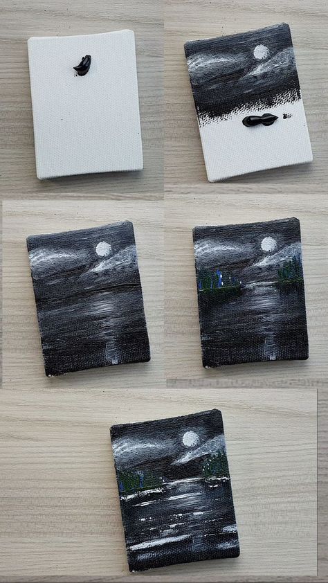 Oil Painting Lessons, Small Canvas Paintings, Sky Night, Handmade Canvas, Painting Easy, White Moon, Easy Canvas Art, Black Night, Canvas Painting Designs