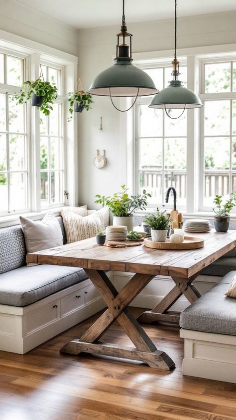 Transform your mornings with a rustic kitchen nook featuring a round wooden table and upholstered chairs, surrounded by natural light and potted herbs 🌿☀️. Farmhouse Eat In Kitchen, Kitchen Nook Ideas, Cozy Kitchen Nook, Round Wooden Table, Potted Herbs, Indoor Greenhouse, Nook Ideas, Small Cafe, Sipping Coffee